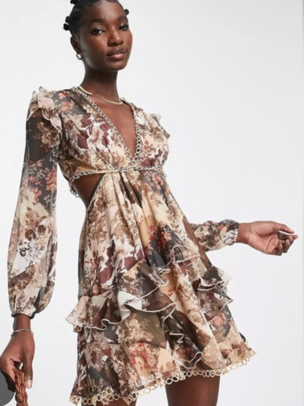ASOS Brown Floral Ruffle V-Neck Mini Dress